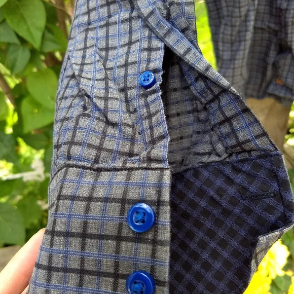 grey black blue check geometric patterned casual shirt - Picture 3 of 9